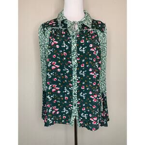 Easel Boho Green Floral Bell Sleeve Flowy Blouse Naturecore Sz Large